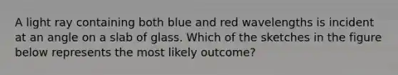 A light ray containing both blue and red wavelengths is incident at an angle on a slab of glass. Which of the sketches in the figure below represents the most likely outcome?