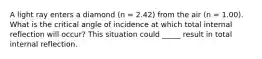 A light ray enters a diamond (n = 2.42) from the air (n = 1.00). What is the critical angle of incidence at which total internal reflection will occur? This situation could _____ result in total internal reflection.