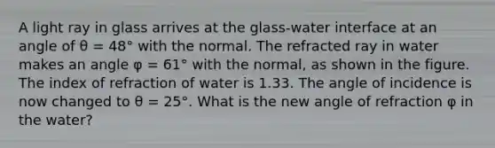 A light ray in glass arrives at the glass-water interface at an angle of θ = 48° with the normal. The refracted ray in water makes an angle φ = 61° with the normal, as shown in the figure. The index of refraction of water is 1.33. The angle of incidence is now changed to θ = 25°. What is the new angle of refraction φ in the water?