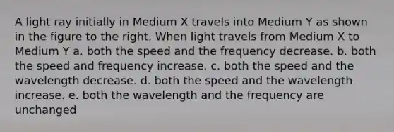 A light ray initially in Medium X travels into Medium Y as shown in the figure to the right. When light travels from Medium X to Medium Y a. both the speed and the frequency decrease. b. both the speed and frequency increase. c. both the speed and the wavelength decrease. d. both the speed and the wavelength increase. e. both the wavelength and the frequency are unchanged