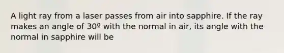 A light ray from a laser passes from air into sapphire. If the ray makes an angle of 30º with the normal in air, its angle with the normal in sapphire will be