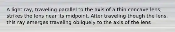 A light ray, traveling parallel to the axis of a thin concave lens, strikes the lens near its midpoint. After traveling though the lens, this ray emerges traveling obliquely to the axis of the lens