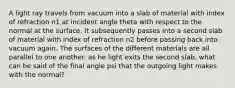 A light ray travels from vacuum into a slab of material with index of refraction n1 at incident angle theta with respect to the normal at the surface. It subsequently passes into a second slab of material with index of refraction n2 before passing back into vacuum again. The surfaces of the different materials are all parallel to one another. as he light exits the second slab, what can be said of the final angle psi that the outgoing light makes with the normal?