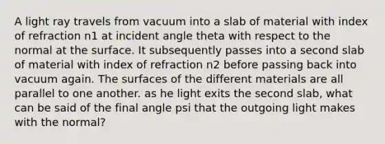 A light ray travels from vacuum into a slab of material with index of refraction n1 at incident angle theta with respect to the normal at the surface. It subsequently passes into a second slab of material with index of refraction n2 before passing back into vacuum again. The surfaces of the different materials are all parallel to one another. as he light exits the second slab, what can be said of the final angle psi that the outgoing light makes with the normal?