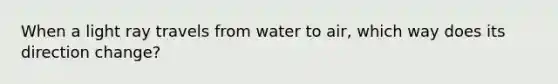 When a light ray travels from water to air, which way does its direction change?