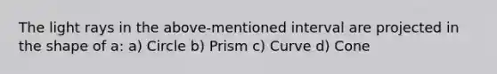 The light rays in the above-mentioned interval are projected in the shape of a: a) Circle b) Prism c) Curve d) Cone