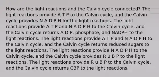 How are the light reactions and the Calvin cycle connected? The light reactions provide A T P to the Calvin cycle, and the Calvin cycle provides N A D P H for the light reactions. The light reactions provide A T P and N A D P H to the Calvin cycle, and the Calvin cycle returns A D P, phosphate, and NADP+ to the light reactions. The light reactions provide A T P and N A D P H to the Calvin cycle, and the Calvin cycle returns reduced sugars to the light reactions. The light reactions provide N A D P H to the Calvin cycle, and the Calvin cycle provides R u B P to the light reactions. The light reactions provide R u B P to the Calvin cycle, and the Calvin cycle returns G3P to the light reactions.