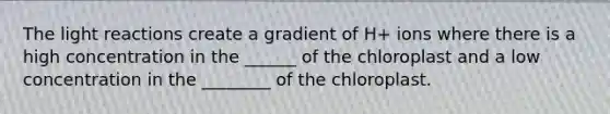 The light reactions create a gradient of H+ ions where there is a high concentration in the ______ of the chloroplast and a low concentration in the ________ of the chloroplast.