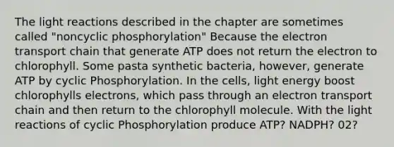 The light reactions described in the chapter are sometimes called "noncyclic phosphorylation" Because the electron transport chain that generate ATP does not return the electron to chlorophyll. Some pasta synthetic bacteria, however, generate ATP by cyclic Phosphorylation. In the cells, light energy boost chlorophylls electrons, which pass through an electron transport chain and then return to the chlorophyll molecule. With the light reactions of cyclic Phosphorylation produce ATP? NADPH? 02?