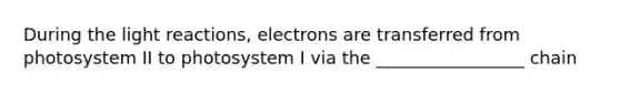 During the light reactions, electrons are transferred from photosystem II to photosystem I via the _________________ chain