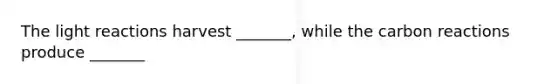 The <a href='https://www.questionai.com/knowledge/kSUoWrrvoC-light-reactions' class='anchor-knowledge'>light reactions</a> harvest _______, while the carbon reactions produce _______