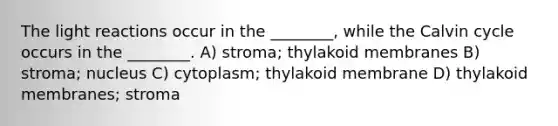 The <a href='https://www.questionai.com/knowledge/kSUoWrrvoC-light-reactions' class='anchor-knowledge'>light reactions</a> occur in the ________, while the Calvin cycle occurs in the ________. A) stroma; thylakoid membranes B) stroma; nucleus C) cytoplasm; thylakoid membrane D) thylakoid membranes; stroma