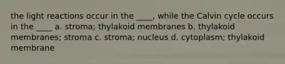 the light reactions occur in the ____, while the Calvin cycle occurs in the ____ a. stroma; thylakoid membranes b. thylakoid membranes; stroma c. stroma; nucleus d. cytoplasm; thylakoid membrane