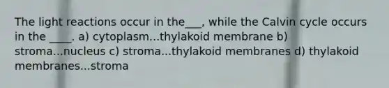 The light reactions occur in the___, while the Calvin cycle occurs in the ____. a) cytoplasm...thylakoid membrane b) stroma...nucleus c) stroma...thylakoid membranes d) thylakoid membranes...stroma