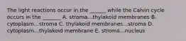 The light reactions occur in the ______ while the Calvin cycle occurs in the _______ A. stroma...thylakoid membranes B. cytoplasm...stroma C. thylakoid membranes...stroma D. cytoplasm...thylakoid membrane E. stroma...nucleus