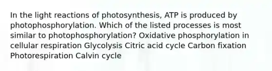 In the light reactions of photosynthesis, ATP is produced by photophosphorylation. Which of the listed processes is most similar to photophosphorylation? Oxidative phosphorylation in cellular respiration Glycolysis Citric acid cycle Carbon fixation Photorespiration Calvin cycle