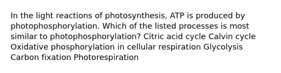 In the light reactions of photosynthesis, ATP is produced by photophosphorylation. Which of the listed processes is most similar to photophosphorylation? Citric acid cycle Calvin cycle Oxidative phosphorylation in cellular respiration Glycolysis Carbon fixation Photorespiration