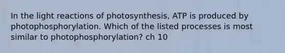 In the light reactions of photosynthesis, ATP is produced by photophosphorylation. Which of the listed processes is most similar to photophosphorylation? ch 10