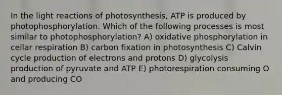 In the light reactions of photosynthesis, ATP is produced by photophosphorylation. Which of the following processes is most similar to photophosphorylation? A) oxidative phosphorylation in cellar respiration B) carbon fixation in photosynthesis C) Calvin cycle production of electrons and protons D) glycolysis production of pyruvate and ATP E) photorespiration consuming O and producing CO