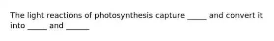 The <a href='https://www.questionai.com/knowledge/kSUoWrrvoC-light-reactions' class='anchor-knowledge'>light reactions</a> of photosynthesis capture _____ and convert it into _____ and ______