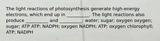 The light reactions of photosynthesis generate high-energy electrons, which end up in __________. The light reactions also produce __________ and __________. water; sugar; oxygen oxygen; sugar; ATP ATP; NADPH; oxygen NADPH; ATP; oxygen chlorophyll; ATP; NADPH