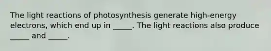 The light reactions of photosynthesis generate high-energy electrons, which end up in _____. The light reactions also produce _____ and _____.