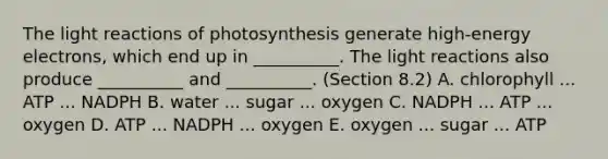 The light reactions of photosynthesis generate high-energy electrons, which end up in __________. The light reactions also produce __________ and __________. (Section 8.2) A. chlorophyll ... ATP ... NADPH B. water ... sugar ... oxygen C. NADPH ... ATP ... oxygen D. ATP ... NADPH ... oxygen E. oxygen ... sugar ... ATP