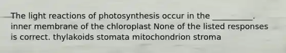 The light reactions of photosynthesis occur in the __________. inner membrane of the chloroplast None of the listed responses is correct. thylakoids stomata mitochondrion stroma