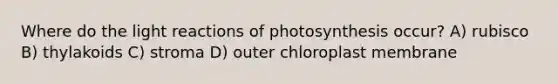 Where do the <a href='https://www.questionai.com/knowledge/kSUoWrrvoC-light-reactions' class='anchor-knowledge'>light reactions</a> of photosynthesis occur? A) rubisco B) thylakoids C) stroma D) outer chloroplast membrane