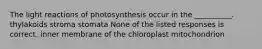 The light reactions of photosynthesis occur in the __________. thylakoids stroma stomata None of the listed responses is correct. inner membrane of the chloroplast mitochondrion