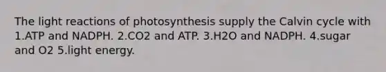 The light reactions of photosynthesis supply the Calvin cycle with 1.ATP and NADPH. 2.CO2 and ATP. 3.H2O and NADPH. 4.sugar and O2 5.light energy.