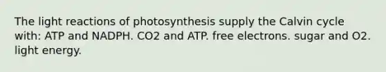 The light reactions of photosynthesis supply the Calvin cycle with: ATP and NADPH. CO2 and ATP. free electrons. sugar and O2. light energy.