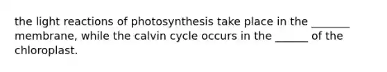 the light reactions of photosynthesis take place in the _______ membrane, while the calvin cycle occurs in the ______ of the chloroplast.