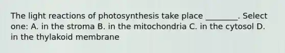 The light reactions of photosynthesis take place ________. Select one: A. in the stroma B. in the mitochondria C. in the cytosol D. in the thylakoid membrane