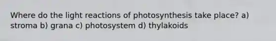 Where do the light reactions of photosynthesis take place? a) stroma b) grana c) photosystem d) thylakoids