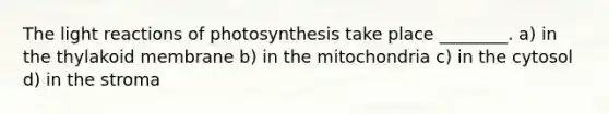 The <a href='https://www.questionai.com/knowledge/kSUoWrrvoC-light-reactions' class='anchor-knowledge'>light reactions</a> of photosynthesis take place ________. a) in the thylakoid membrane b) in the mitochondria c) in the cytosol d) in the stroma