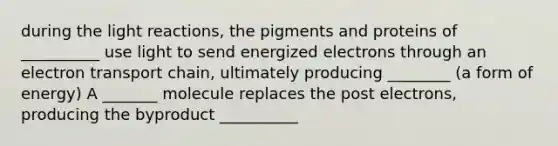 during the light reactions, the pigments and proteins of __________ use light to send energized electrons through an electron transport chain, ultimately producing ________ (a form of energy) A _______ molecule replaces the post electrons, producing the byproduct __________