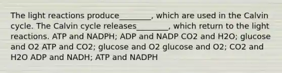 The light reactions produce________, which are used in the Calvin cycle. The Calvin cycle releases________, which return to the light reactions. ATP and NADPH; ADP and NADP CO2 and H2O; glucose and O2 ATP and CO2; glucose and O2 glucose and O2; CO2 and H2O ADP and NADH; ATP and NADPH