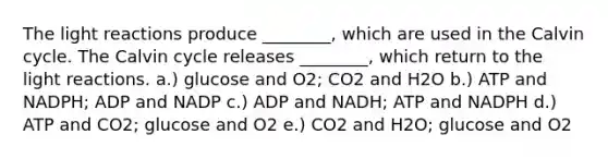 The light reactions produce ________, which are used in the Calvin cycle. The Calvin cycle releases ________, which return to the light reactions. a.) glucose and O2; CO2 and H2O b.) ATP and NADPH; ADP and NADP c.) ADP and NADH; ATP and NADPH d.) ATP and CO2; glucose and O2 e.) CO2 and H2O; glucose and O2