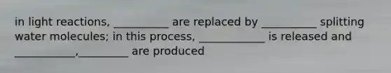 in light reactions, __________ are replaced by __________ splitting water molecules; in this process, ____________ is released and ___________,_________ are produced