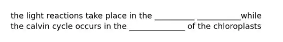 the <a href='https://www.questionai.com/knowledge/kSUoWrrvoC-light-reactions' class='anchor-knowledge'>light reactions</a> take place in the __________ ___________while the calvin cycle occurs in the ______________ of the chloroplasts