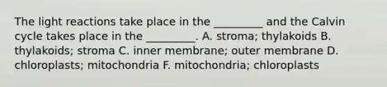 The light reactions take place in the _________ and the Calvin cycle takes place in the _________. A. stroma; thylakoids B. thylakoids; stroma C. inner membrane; outer membrane D. chloroplasts; mitochondria F. mitochondria; chloroplasts