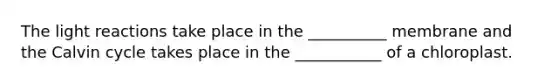 The <a href='https://www.questionai.com/knowledge/kSUoWrrvoC-light-reactions' class='anchor-knowledge'>light reactions</a> take place in the __________ membrane and the Calvin cycle takes place in the ___________ of a chloroplast.