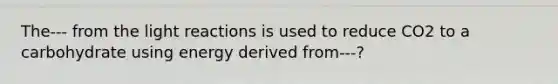 The--- from the <a href='https://www.questionai.com/knowledge/kSUoWrrvoC-light-reactions' class='anchor-knowledge'>light reactions</a> is used to reduce CO2 to a carbohydrate using energy derived from---?