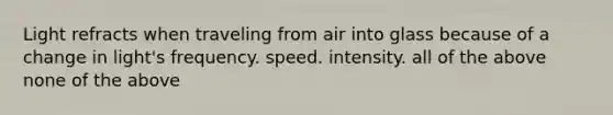 Light refracts when traveling from air into glass because of a change in light's frequency. speed. intensity. all of the above none of the above