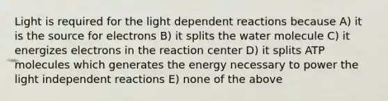 Light is required for the light dependent reactions because A) it is the source for electrons B) it splits the water molecule C) it energizes electrons in the reaction center D) it splits ATP molecules which generates the energy necessary to power the light independent reactions E) none of the above