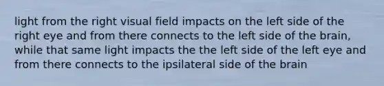 light from the right visual field impacts on the left side of the right eye and from there connects to the left side of the brain, while that same light impacts the the left side of the left eye and from there connects to the ipsilateral side of the brain