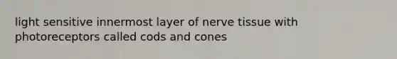 light sensitive innermost layer of nerve tissue with photoreceptors called cods and cones