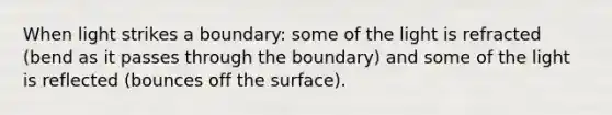 When light strikes a boundary: some of the light is refracted (bend as it passes through the boundary) and some of the light is reflected (bounces off the surface).