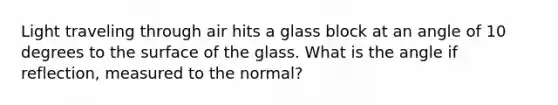 Light traveling through air hits a glass block at an angle of 10 degrees to the surface of the glass. What is the angle if reflection, measured to the normal?